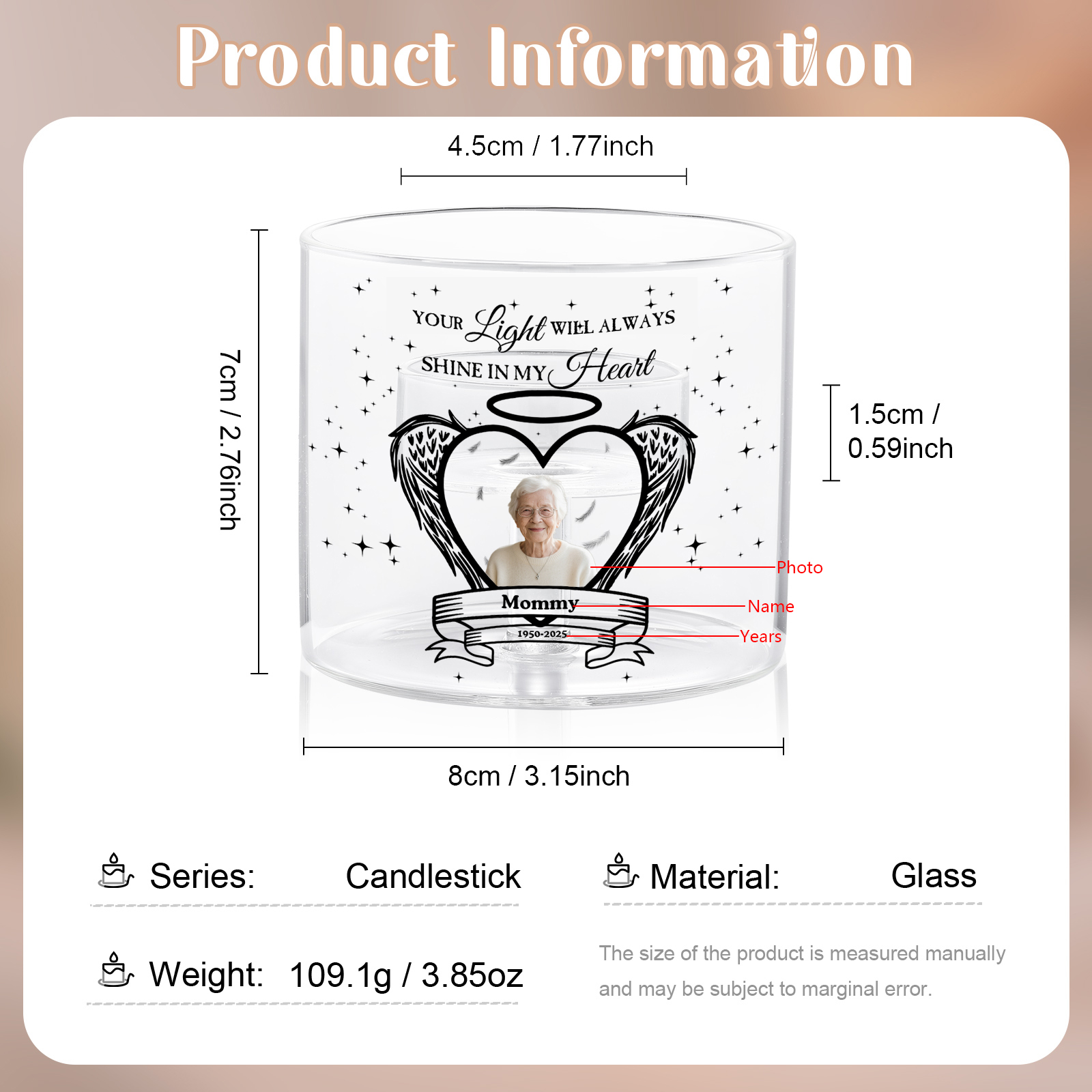 Personalised Photo Angel Heart Memorial Candle