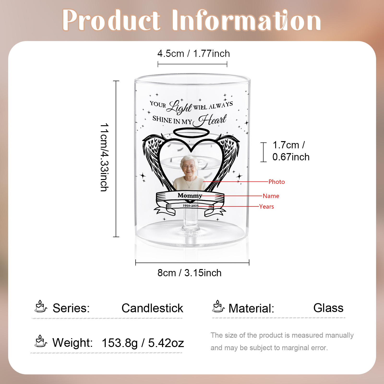 Personalised Photo Angel Heart Memorial Candle